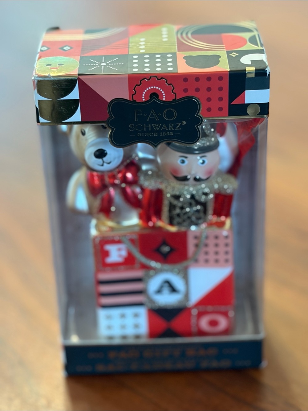 FAO Schwarz Red, Gold, White Nutcracker & Bear Holiday Ornament Set